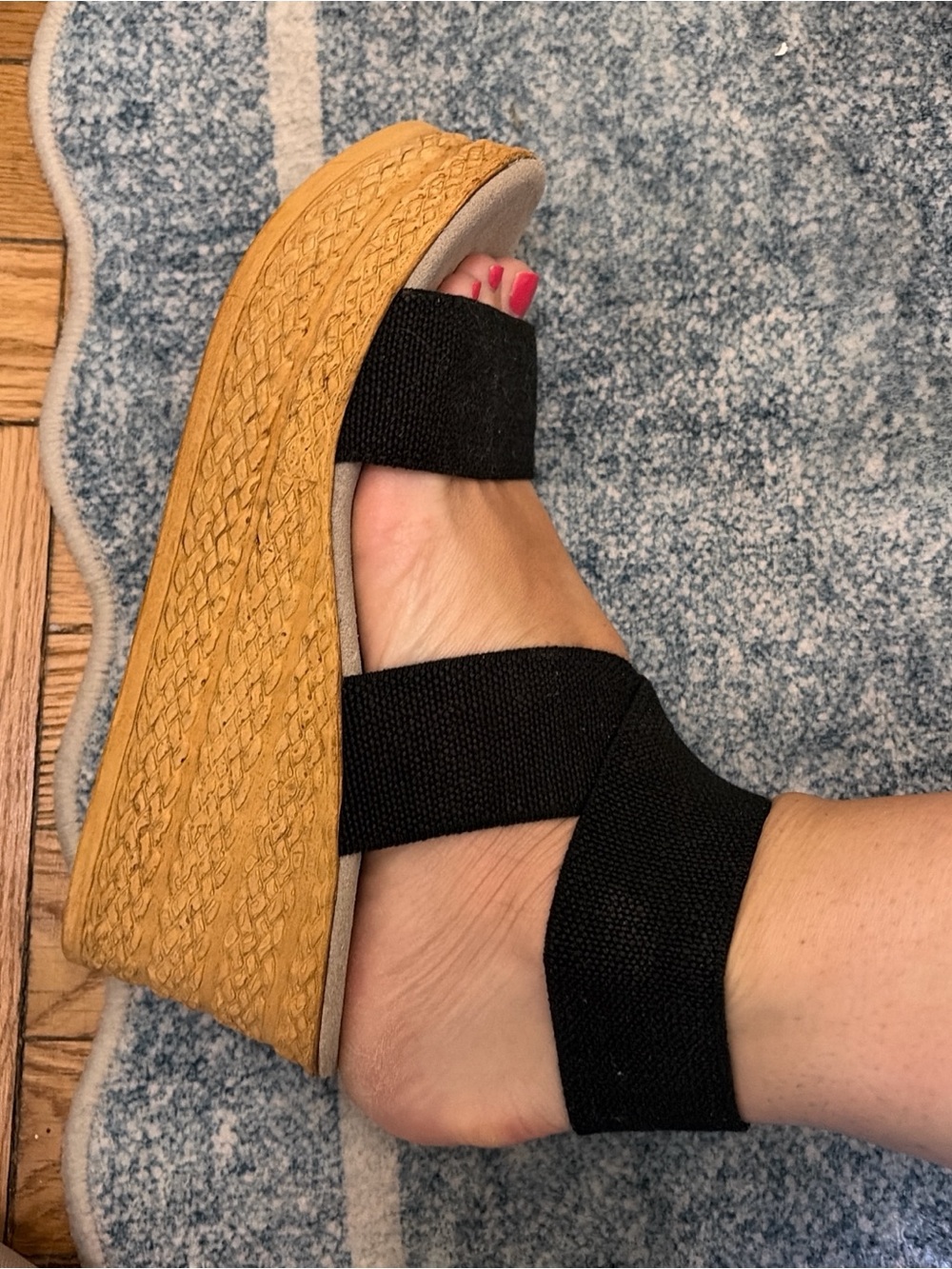 CHARLESTON SHOE CO. Black Elastic Strap Espadrille Wedge with Tan Platform
